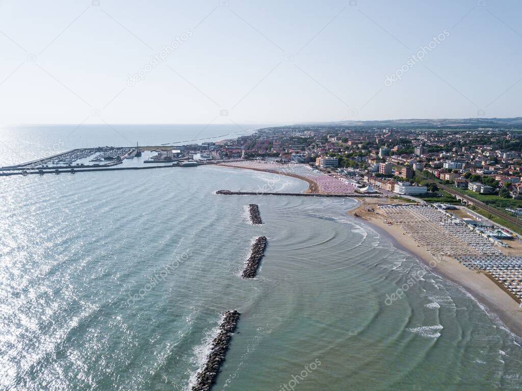 aerial view of fano with its sea, beaches and umbrellas