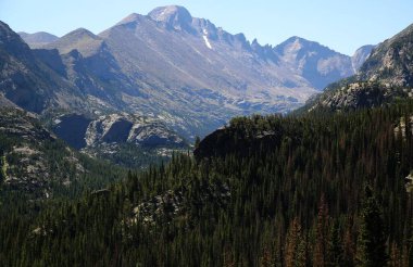 Colorado, ABD 'deki Rocky Dağları' nın yamacındaki yeşil çam ormanlarının hava manzarası.