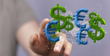 Avro ve dolar para birimlerinin dönüşümünün sanal bir yansımasını sunan bir kişi