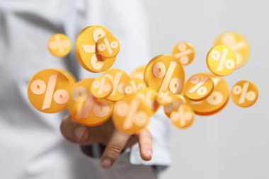 Bulanık bir arkaplan, satış ve finansal konsept üzerindeki yüzde işaretinin 3D yorumlayıcısı