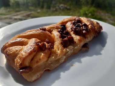 Beyaz bir tabakta pekan cevizli pasta örgüsünün yakın çekimi.