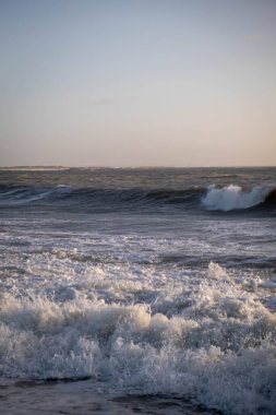 Sahile vuran deniz dalgalarının dikey görüntüsü.