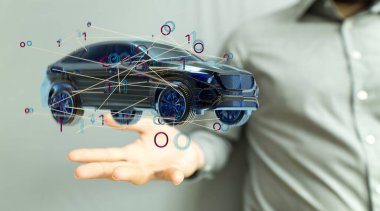 Elinin üzerinde birbirine bağlı çizgiler olan bir arabanın 3 boyutlu görüntüsü