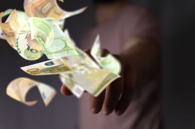 Bulanık bir geçmişi olan 3 boyutlu bir nakit euro kağıt para.