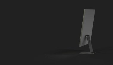 Siyah bir arkaplanda izole edilmiş 3D hazırlanmış bir LCD bilgisayar monitörünün yan görünümü