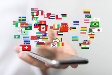 Bir akıllı telefonun yanında bağlı dünya bayraklarının 3 boyutlu görüntüsü