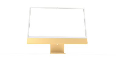 Kopya alanı olan beyaz bir arkaplanda izole edilmiş altın çerçeveli modern bir PC ekranın 3B görüntüsü