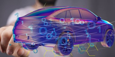 Dijital fütüristik bir elektro arabanın 3 boyutlu canlandırması, e-hareket konsepti