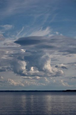 Yukarıdaki bulutlu ufuk çizgisiyle sakin göl manzarası