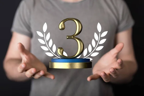 Rendering Third Place Golden Award Male Hand Holding Blurry Background — Stock Photo, Image