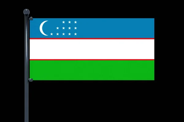 Rendering Uzbekistan Flag Chrome Flag Pole Snap Hooks Black Background — Stock Photo, Image