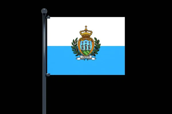 San Marino Bayrağının Krom Bayrak Direkli Siyah Arka Planda Kancalı — Stok fotoğraf