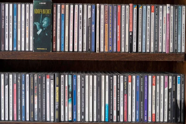 Closeup Cds Jazz Collection Wooden Shelves — Stock Photo, Image