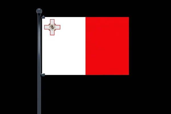 Siyah Arkaplanda Krom Bayrak Direği Olan Malta Bayrağının Boyutlu Bir — Stok fotoğraf