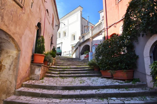 Empty Stone Stairs Potted Plants Old Houses Morcone Italy — Stock Photo, Image