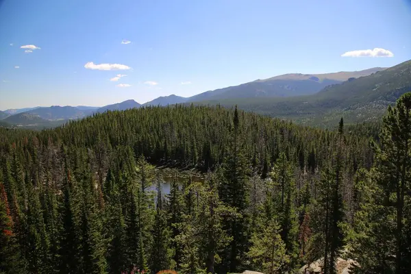 Una Vista Aérea Lago Contra Verde Bosque Pinos Ladera Las —  Fotos de Stock