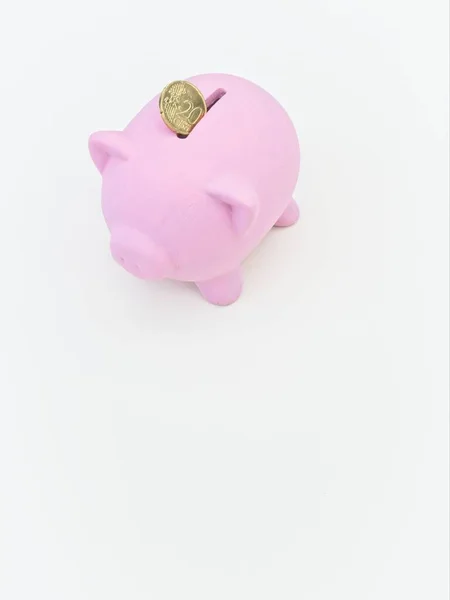 Cent Euro Coin Pink Piggy Bank Bright White Desk Space — Stock Photo, Image