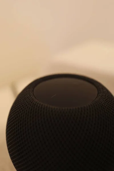 A vertical shot of a black home smart speaker