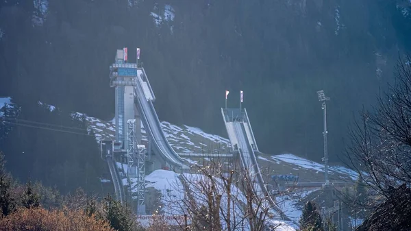 Una Vista Lejana Del Audi Arena Las Montañas Oberstdorf Allgau — Foto de Stock