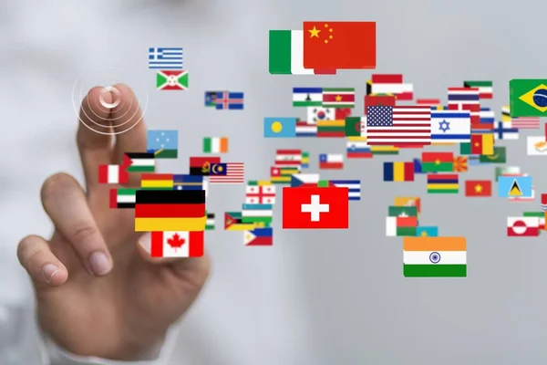A 3D render of connected world flags near a hand