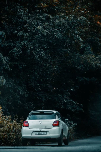 Egy Függőleges Hátsó Felvétel Egy Fehér Suzuki Swift Autóról Ami — Stock Fotó