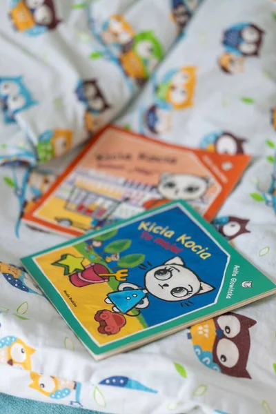 Polonyalı Anita Glowinska Kicia Kocia Çocuk Kitabının Yatak Örtüsü Üzerindeki — Stok fotoğraf