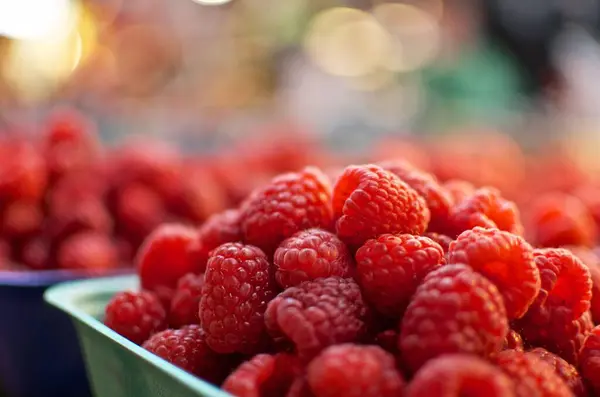 Selective Focus Shot Ripe Raspberries Bokeh Lights Background — Stock Photo, Image