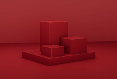 Kozmetik ürünleri kırmızı arka planda durur, web ve yazdırma için 3D tasarım