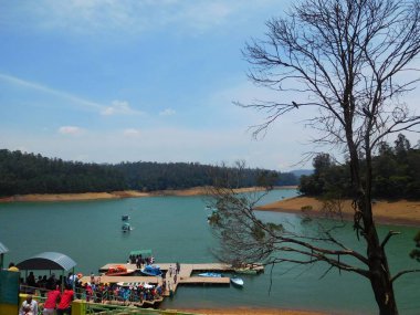 Ağaçlarla çevrili göl kenarında teknelerle gezmek için bekleyen insanlar.