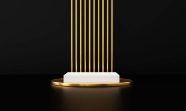 Siyah arkaplan, altın çerçeve, ağ ve baskı için lüks minimalist modelleme 3d izole kaidesi