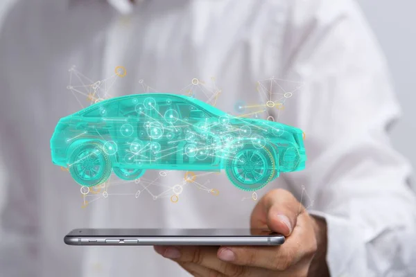 在平板之上的全息汽车的3D渲染 — 图库照片