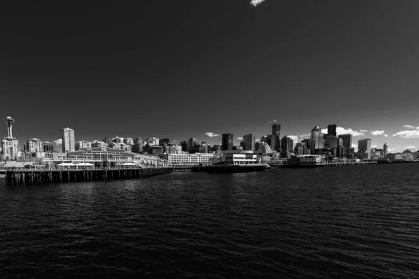 Une Vue Aérienne Lac Entouré Grands Bâtiments Washington Noir Blanc — Photo