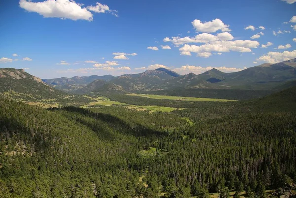 Uma Vista Aérea Florestas Pinheiros Verdes Uma Encosta Montanhas Rochosas — Fotografia de Stock