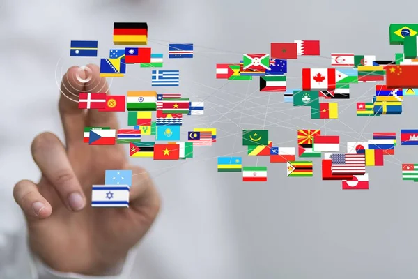 A 3D render of connected world flags near a hand