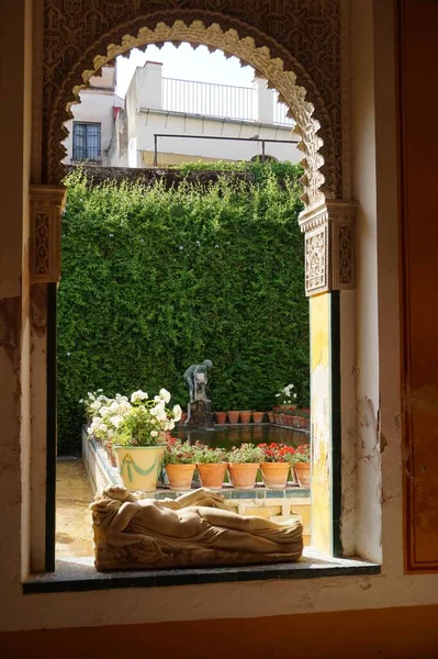 Colpo Verticale Alberi Vasi Fiori Dall Arco Pietra — Foto Stock