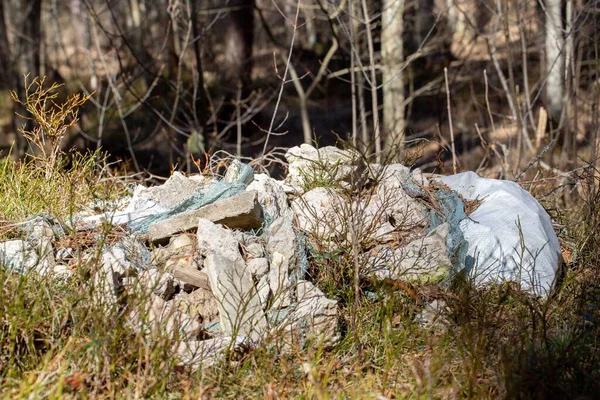 太陽光の下で森の中の建設廃棄物の破片の閉鎖 — ストック写真
