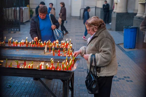 Senior Catholic Faithful People Lighting Candles Honor San Expedito — Stock Photo, Image