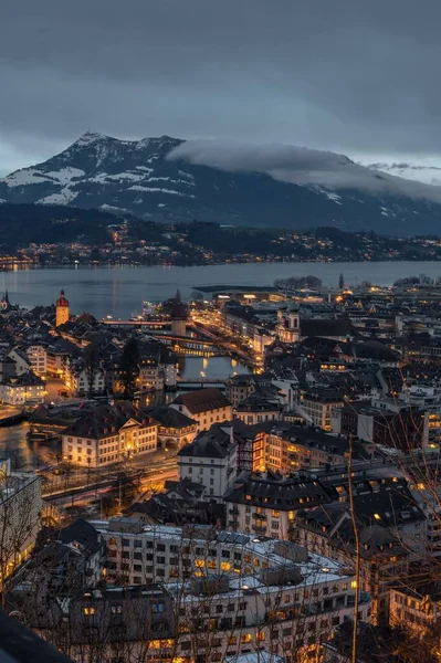 Vertical Cityscape View Illuminated Lucerne Old Town Switzerland Gray Sky — Stock Photo, Image