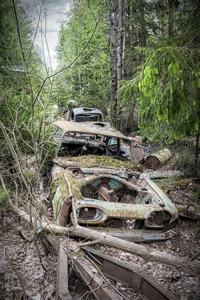 Автомобильное Кладбище Расположено Лесу — стоковое фото
