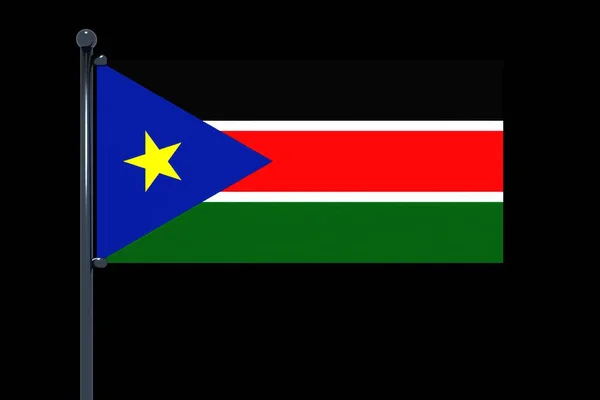 Återgivning Sydsudans Flagga Med Kromflaggstång Med Knäppkrokar Svart Bakgrund — Stockfoto