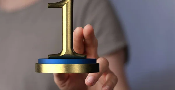 Person Pointing Golden Trophy First Place Concept Success — Stock Photo, Image