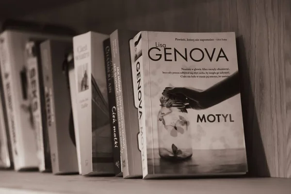 Szürke Könyvskála Egymás Után Lengyel Genova Motyl Mesekönyvvel Elején — Stock Fotó