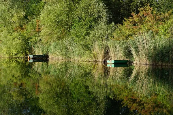 Die Reflexion Der Boote Durch Die Grünen Pflanzen Auf Dem — Stockfoto