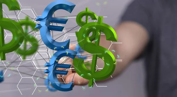 Vykreslení Připojených Ikon Dolaru Europeněz Blízkosti Ruky — Stock fotografie