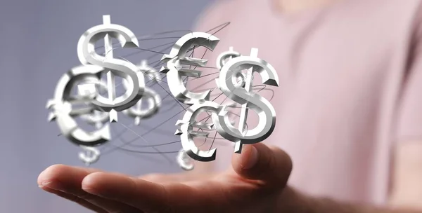 A 3D render of connected Dollar and Euro money icons near a hand