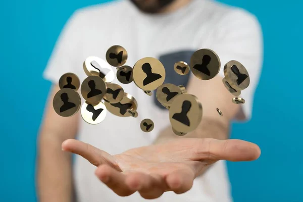 Man Holding Floating Render People Icons — Stock Photo, Image