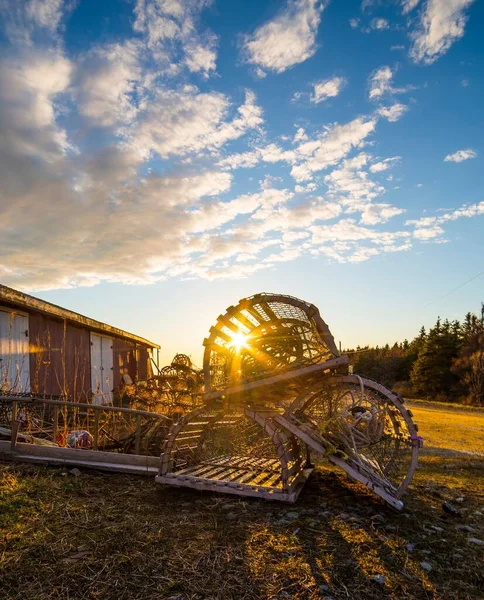 田舎の農場で空の動物の檻の山太陽がフェンスを通して輝いている — ストック写真