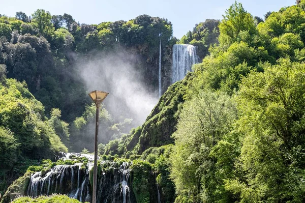 White Mist Formed Marmore Walls Light Pole Front Umbria Italy — Stock Photo, Image