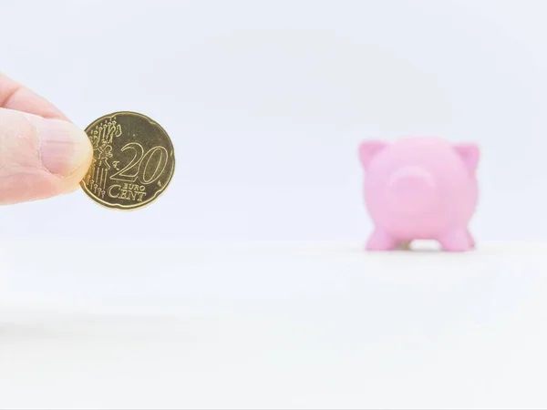 Hand Euro Coin Pink Piggy Bank Bright White Background — Stock Photo, Image