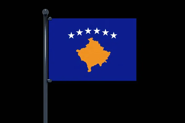 Kosova Bayrağının Krom Bayrak Direkli Siyah Arka Planda Kancalı Görüntüsü — Stok fotoğraf
